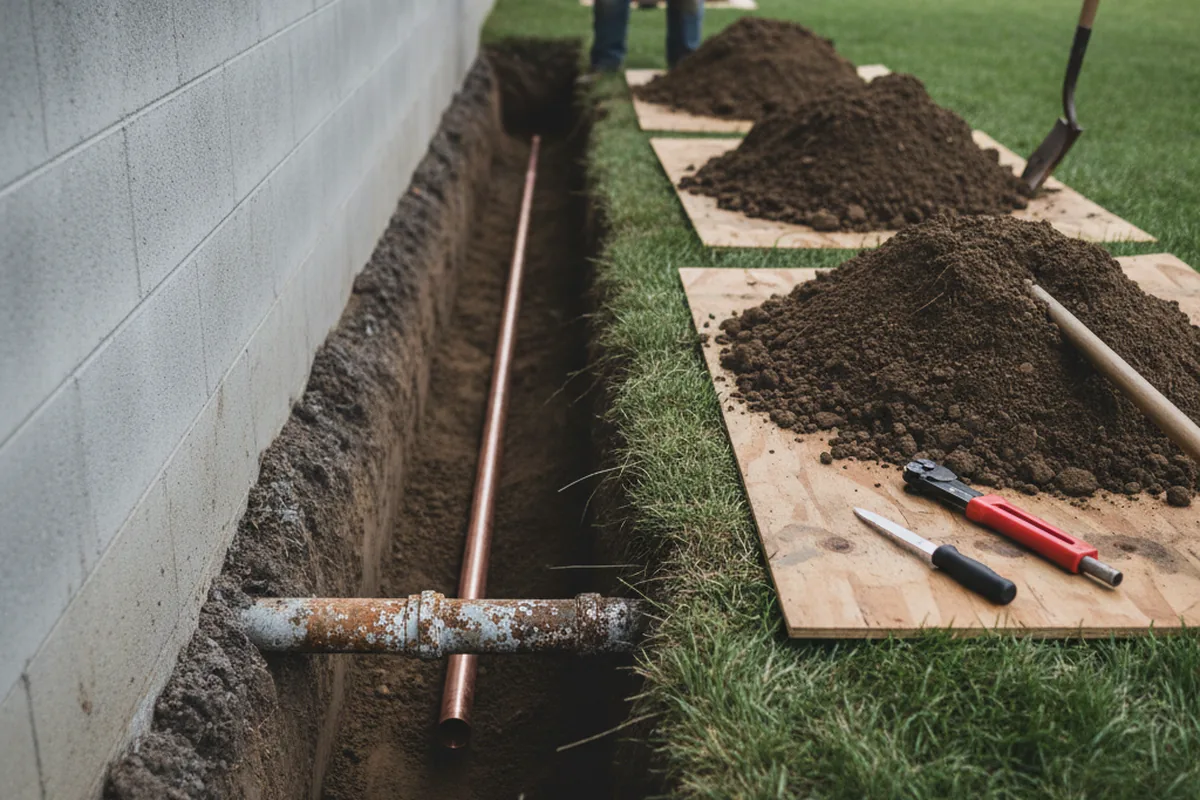 Excavated water line trench during Water Softener Installation in La Salle
